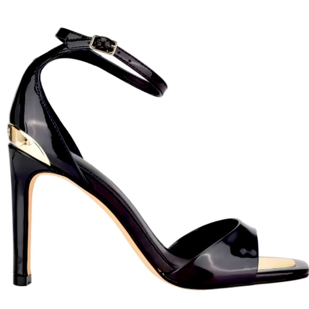 GUESS Divine Heeled Dress Sandals Size 10 M in Black Gold Leather AUTHENTIC NEW - Picture 2 of 5